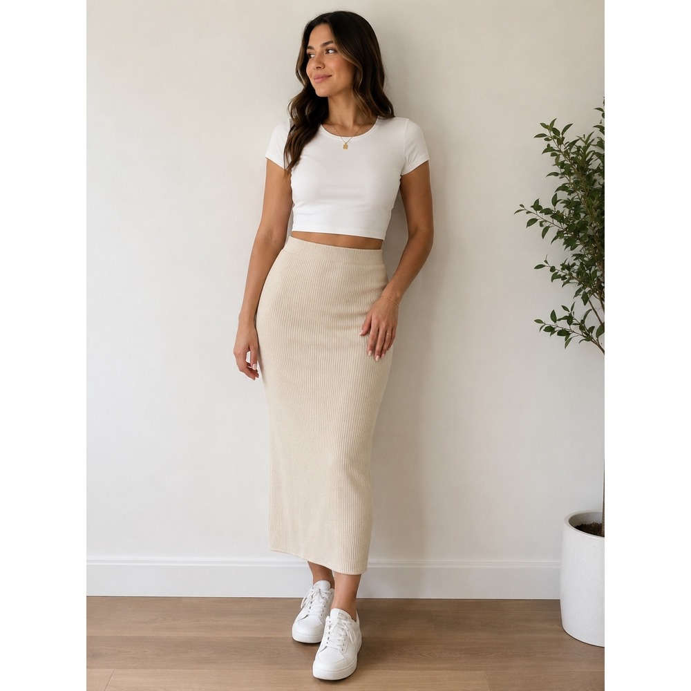 Gianmarco Venturi 100% Wool Ribbed Maxi Skirt Cream Ivory Size S Made in Italy